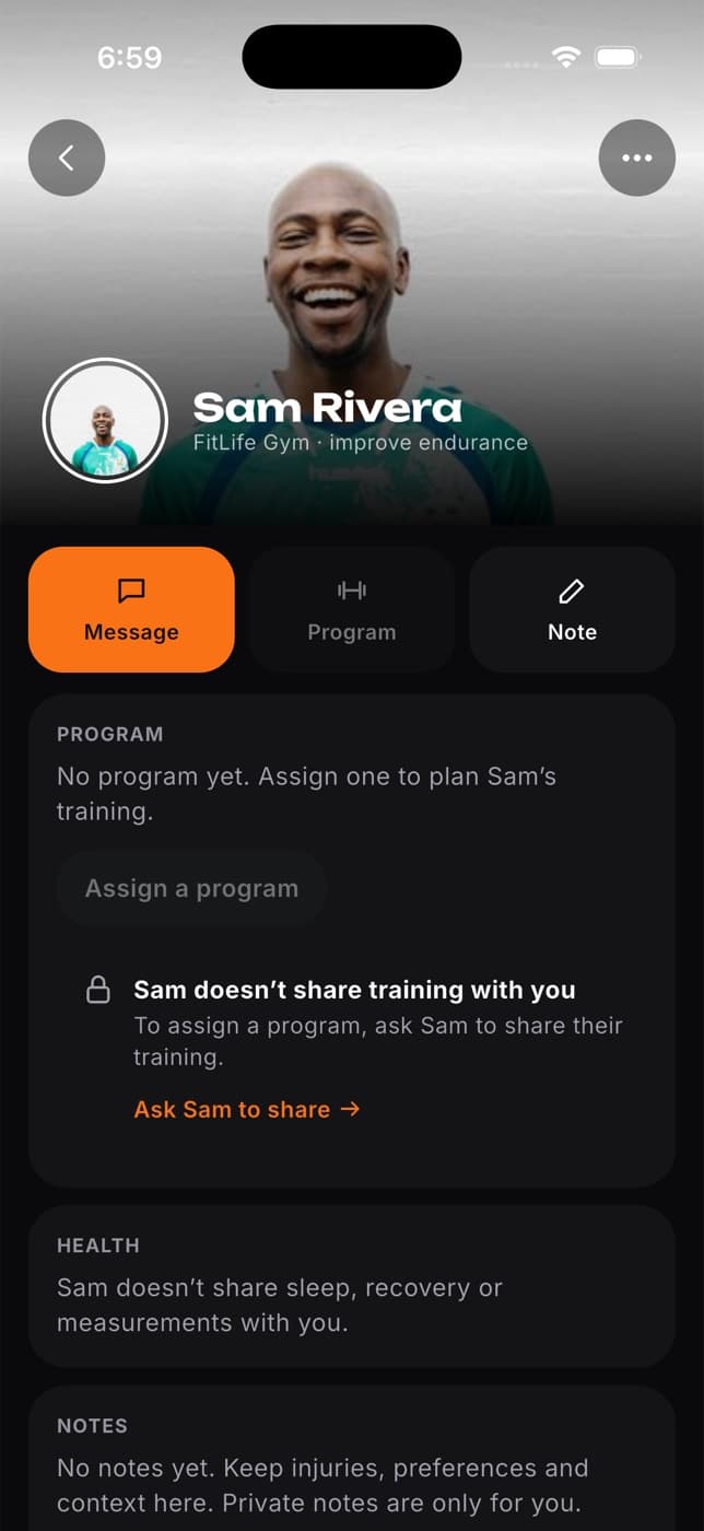 Client profile in the phone app with a locked program card and an Ask to share link