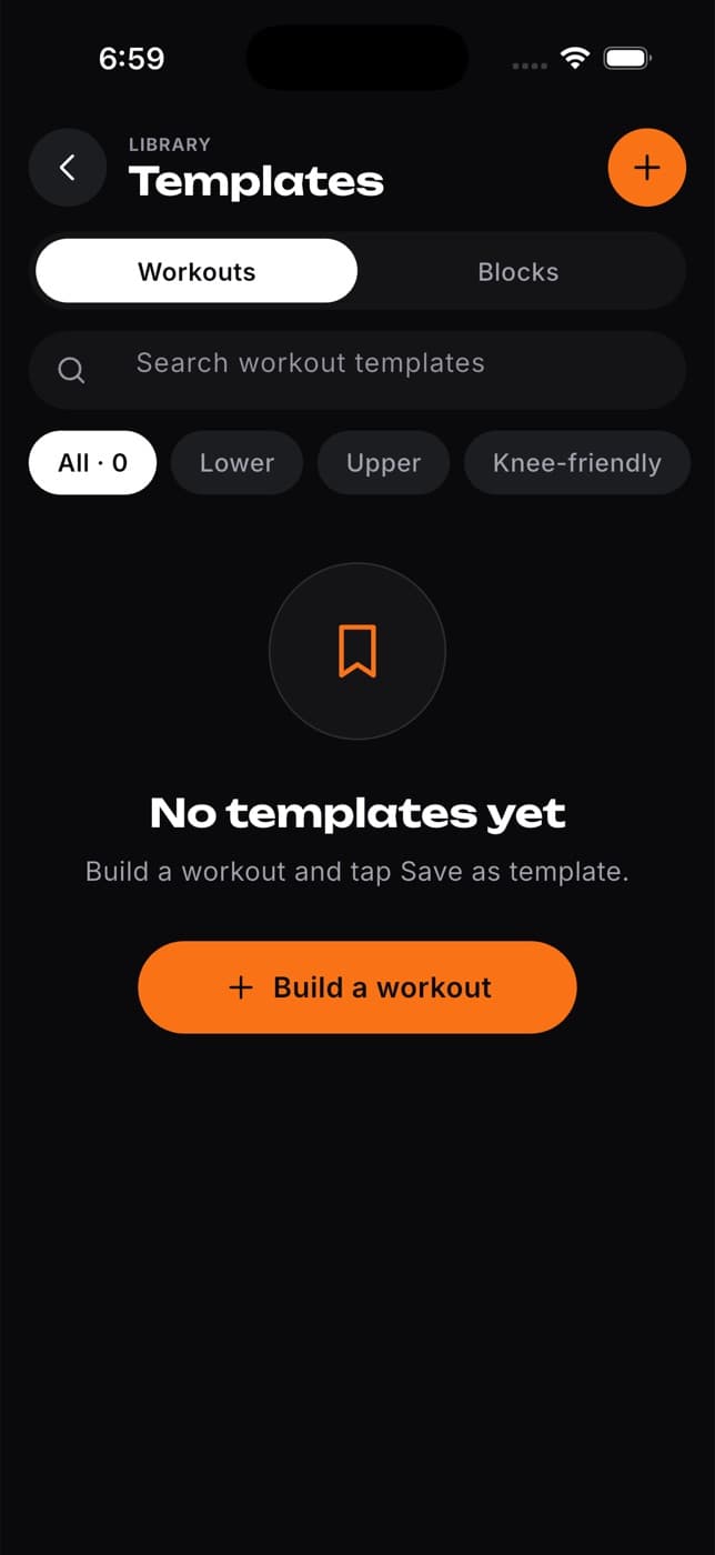 Workout templates page with no templates yet