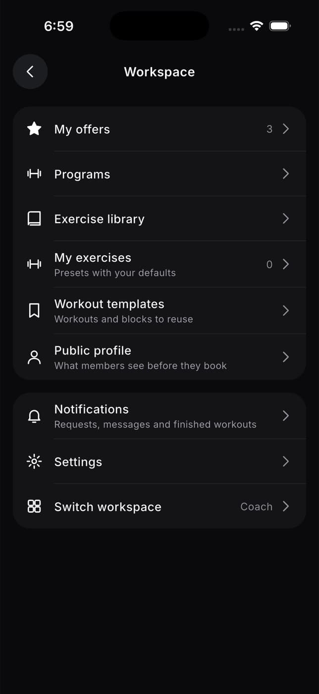 Coach menu with offers, programs, library, templates, profile and switch workspace