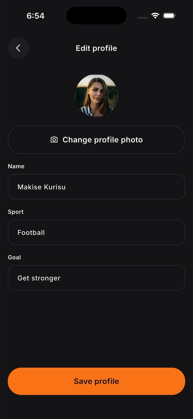Edit profile with photo, name, sport and goal