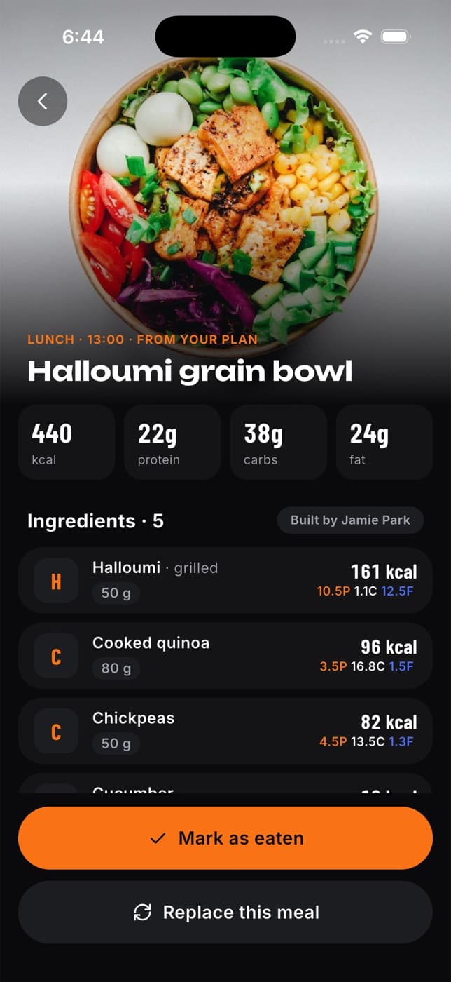 Halloumi grain bowl with calories, protein, carbs and fat, a list of ingredients with amounts, and Mark as eaten and Replace this meal buttons