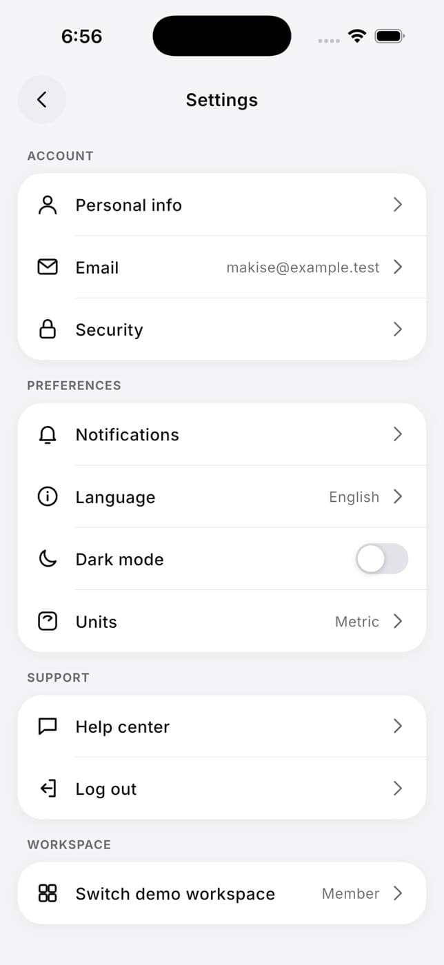 Settings in light mode with Dark mode turned off