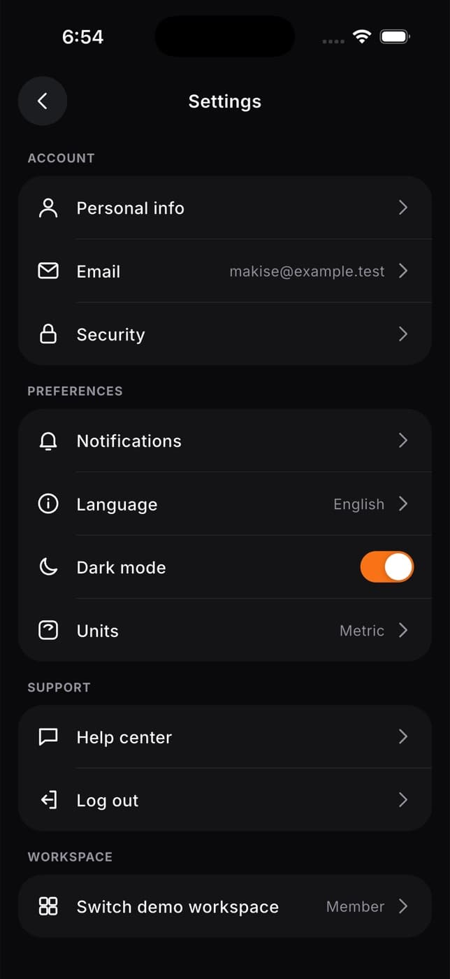 Settings with Account, Preferences and Support groups