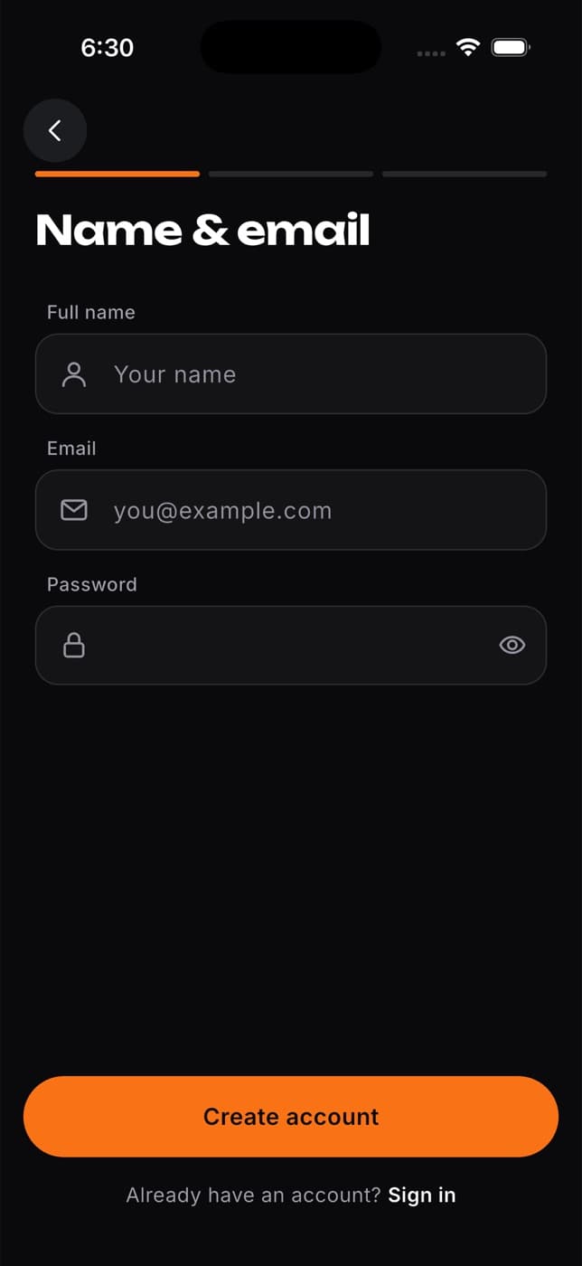 Name and email form with Full name, Email and Password fields and a Create account button