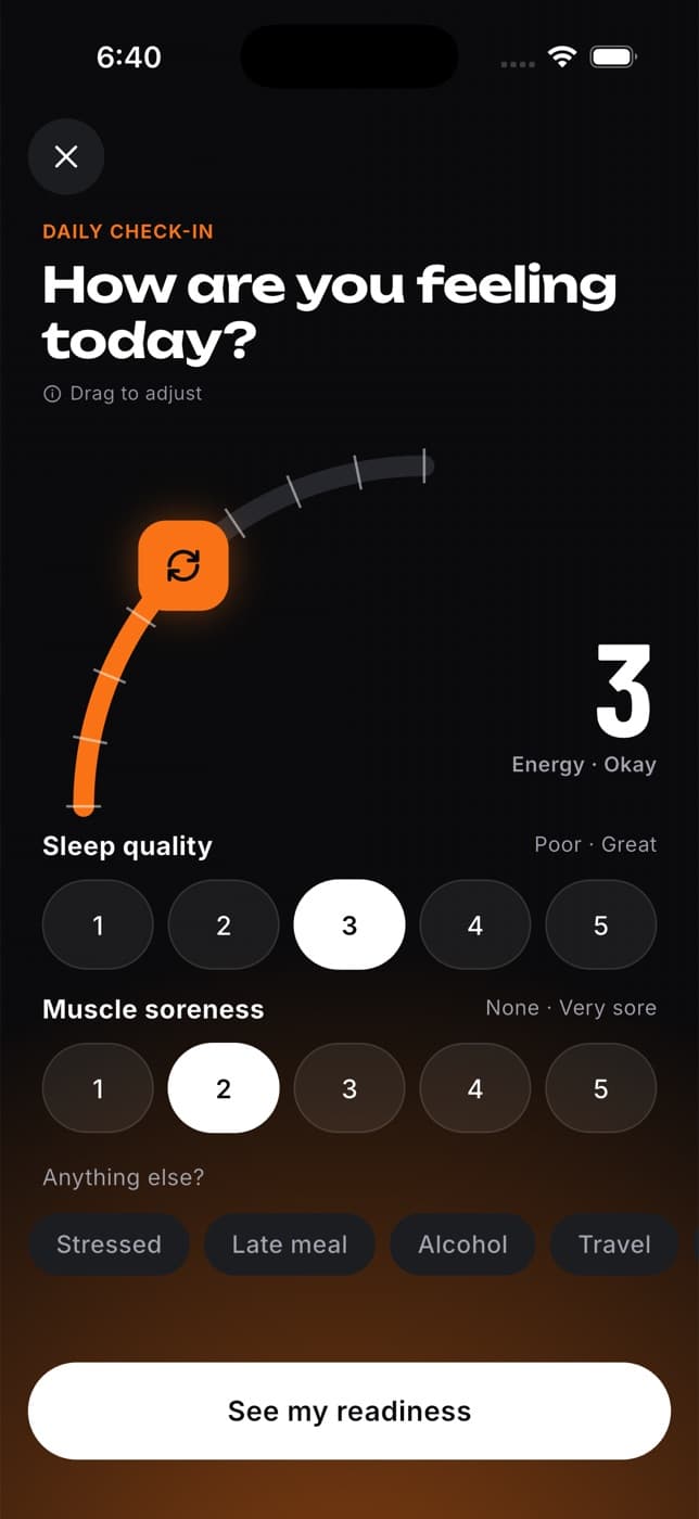 Daily check-in with energy, sleep quality and muscle soreness