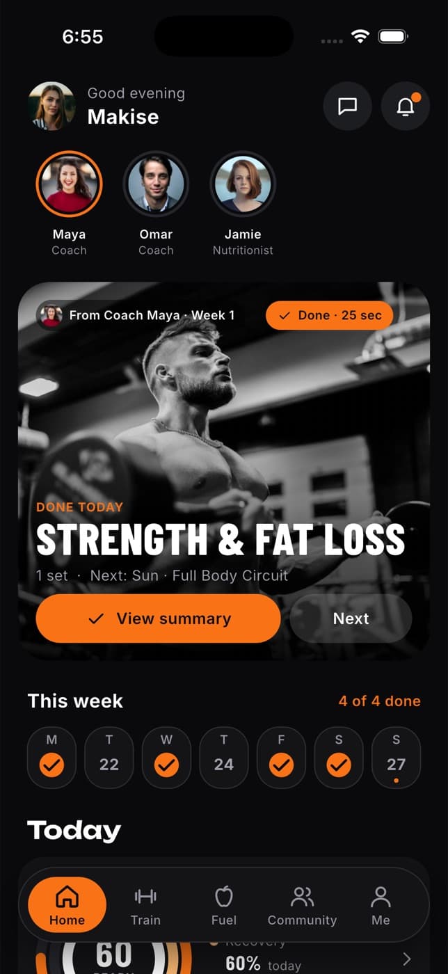 Home after a workout, showing Done today and a View summary button