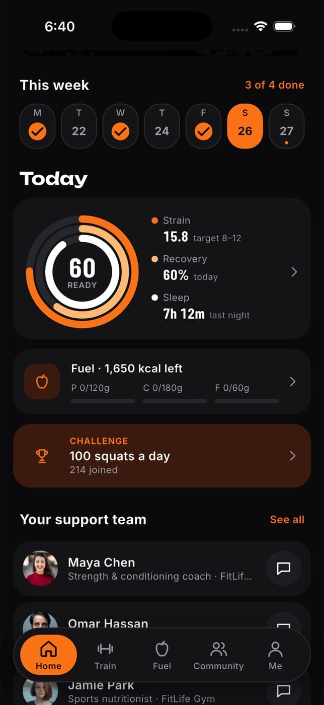 Home scrolled to This week, the readiness rings, the Fuel card, a challenge and the support team