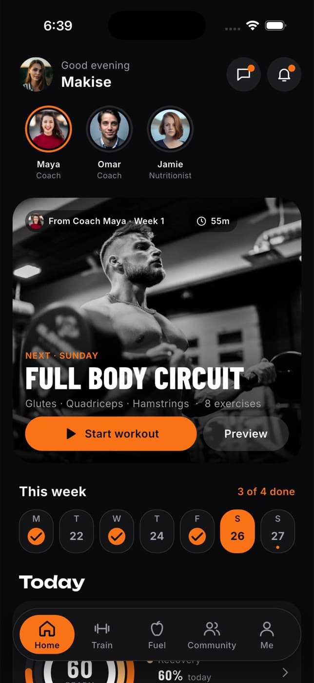 Home tab with today's workout from a coach and the week ahead