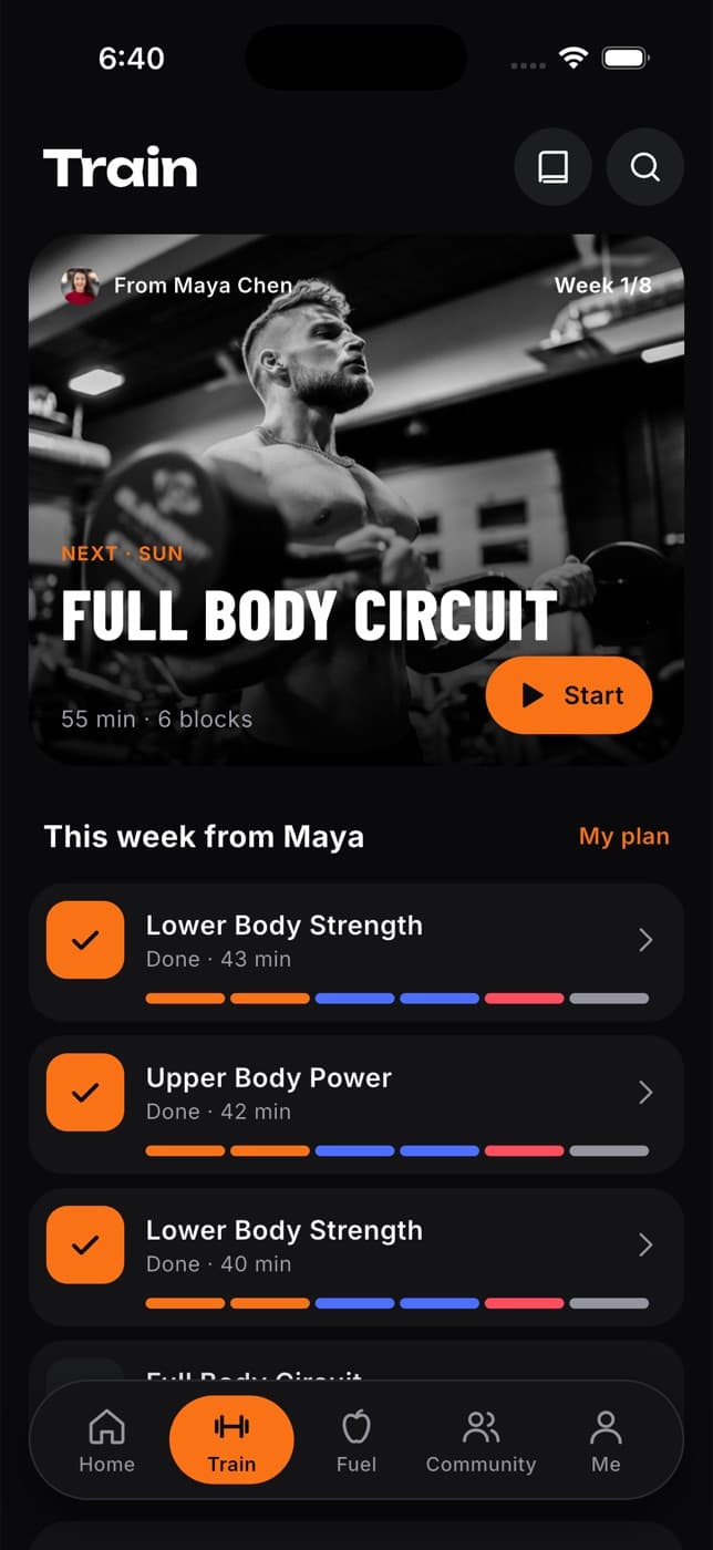Train tab with today's workout card from a coach and the week's workouts below