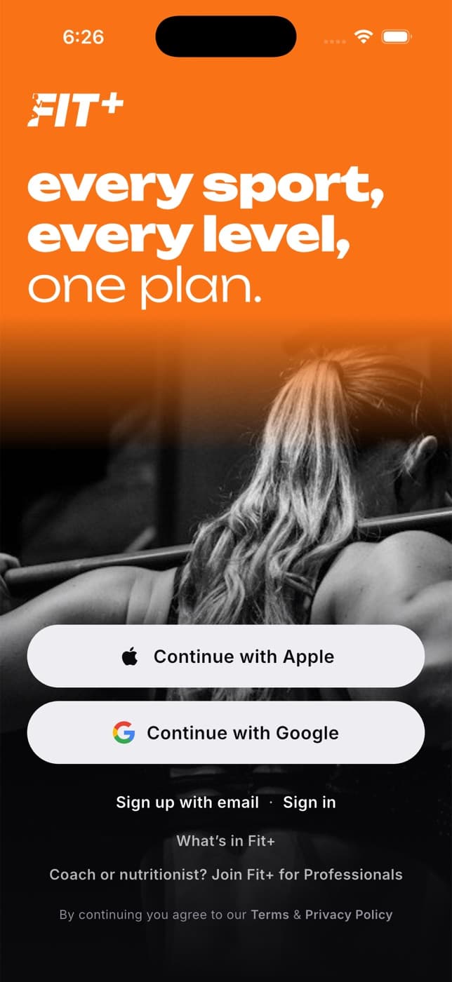 Fit+ welcome screen with Continue with Apple, Continue with Google and Sign in