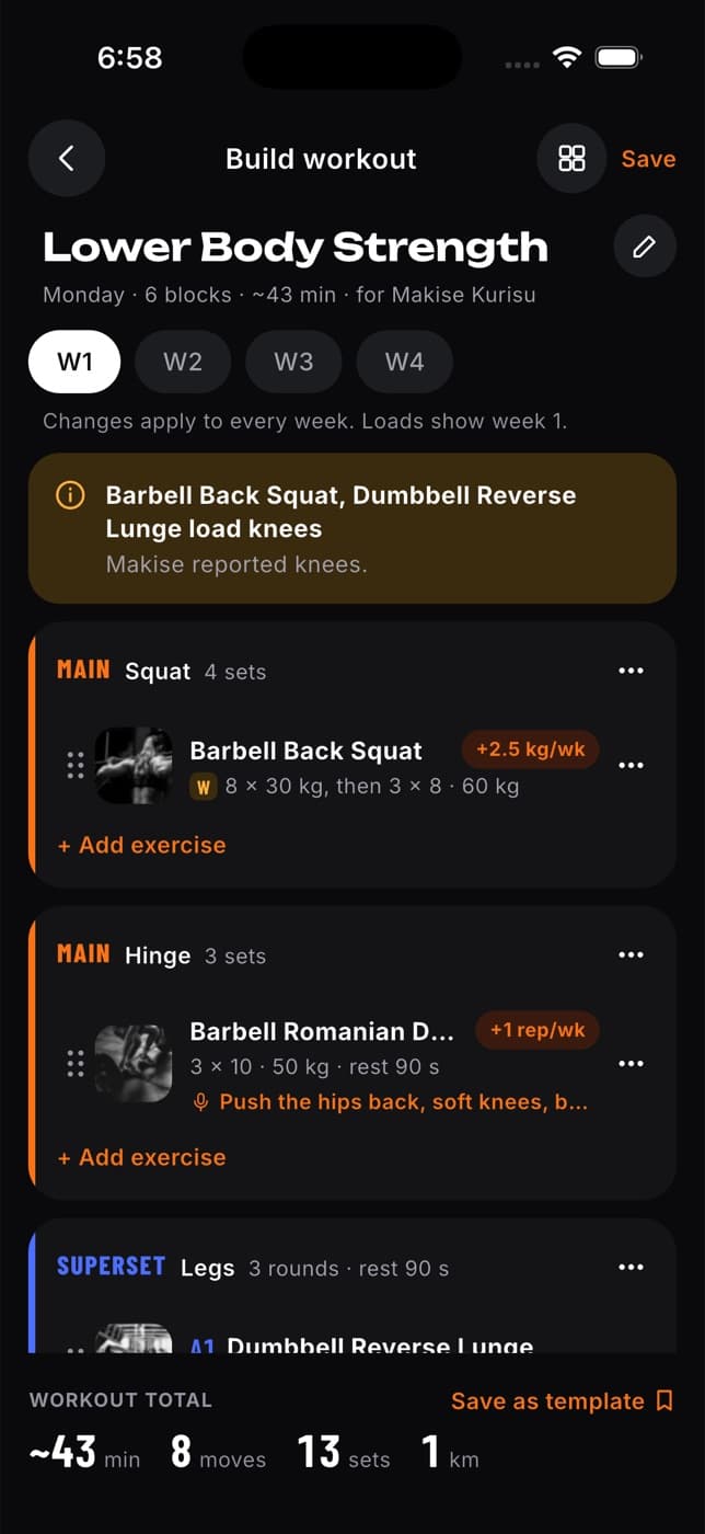 Build workout with squat and hinge blocks, progression and a knee warning