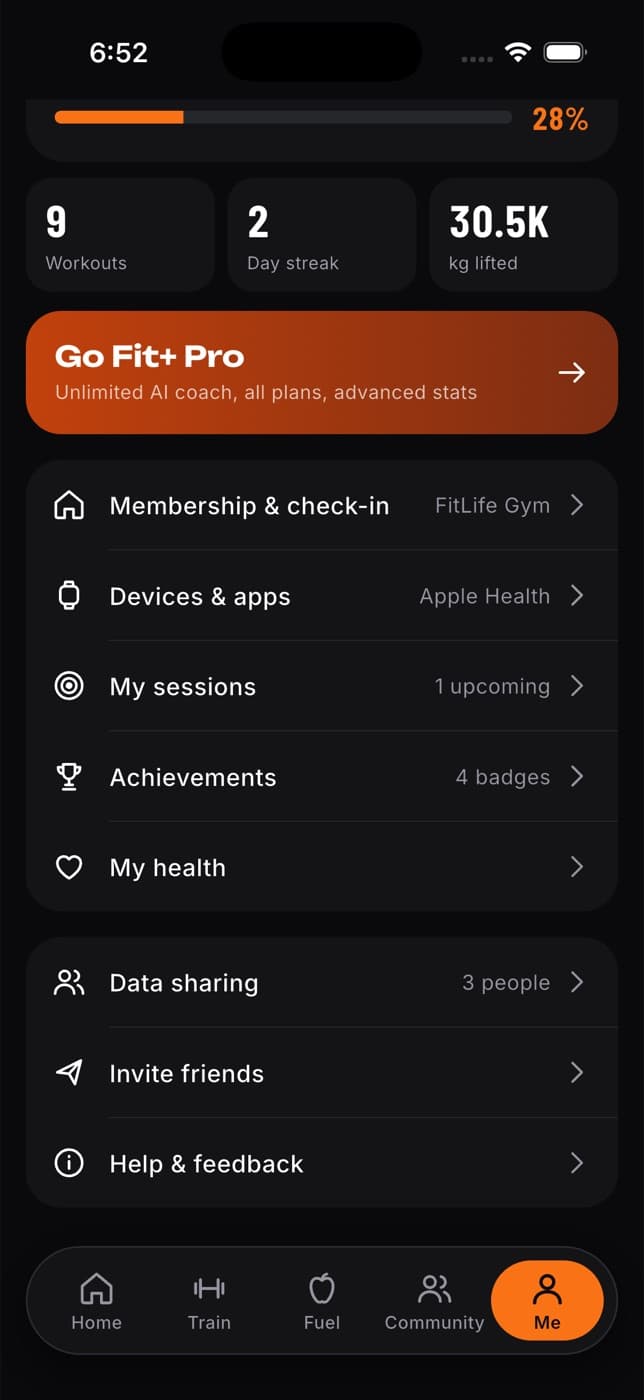 Lower part of the Me tab with My health, Data sharing, Invite friends and Help and feedback