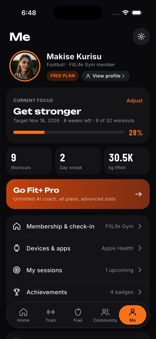 Me tab with profile photo, current focus, stats, Go Fit+ Pro and account rows