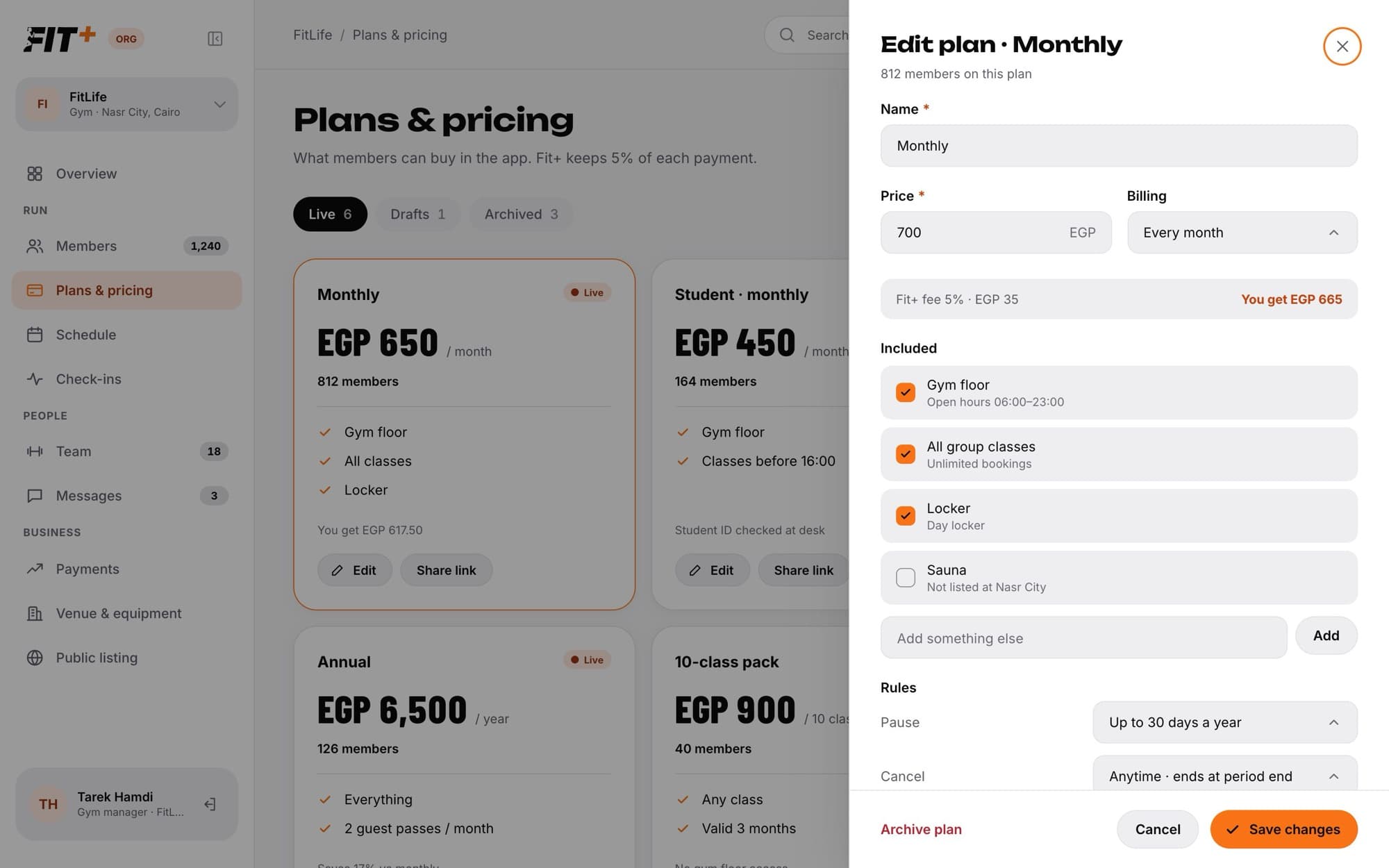 The Edit plan panel with name, price, billing, the Fit+ fee and what you get, included items and rules