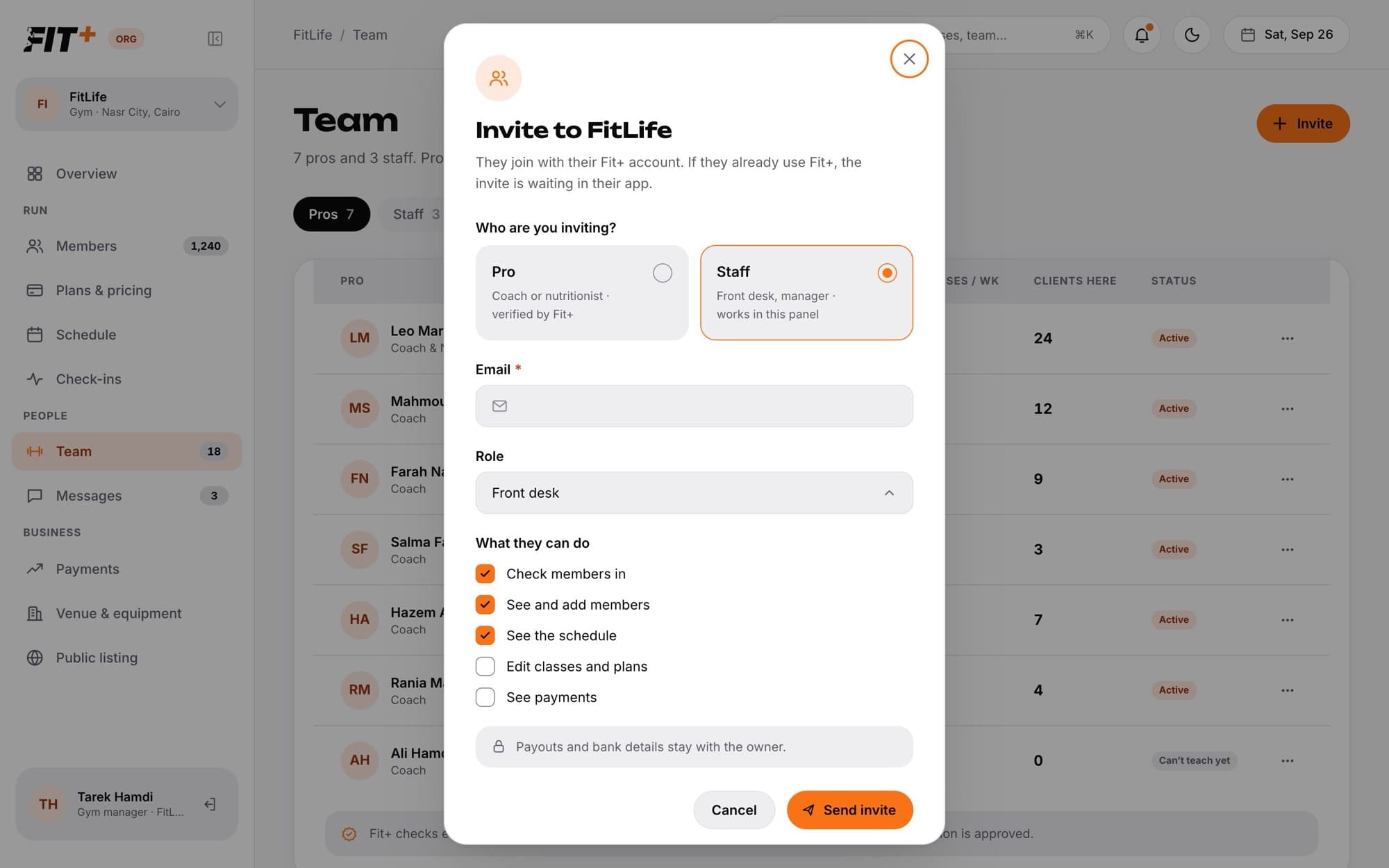 The Invite to FitLife window with Staff chosen, an email field, the Front desk role and permission checkboxes