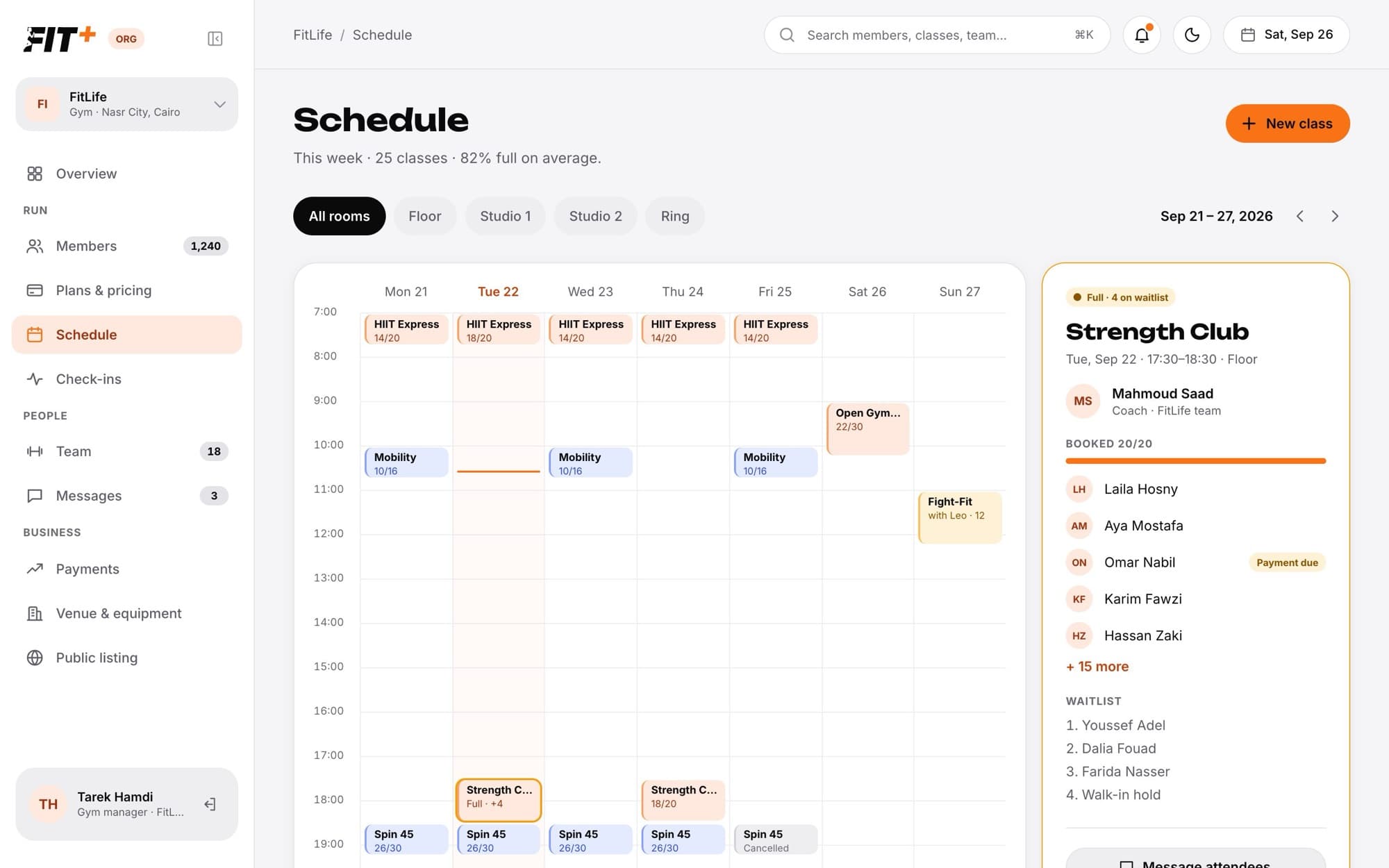 The weekly schedule with classes by day and time, room filters, and a selected class showing who booked and the waitlist