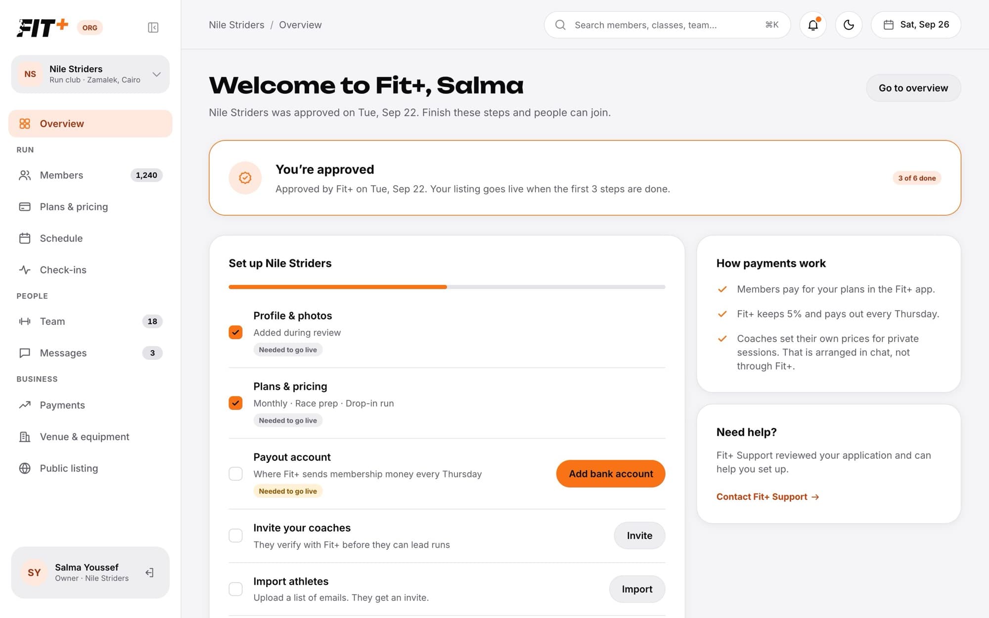 The setup checklist with a You're approved banner, six steps and a How payments work panel