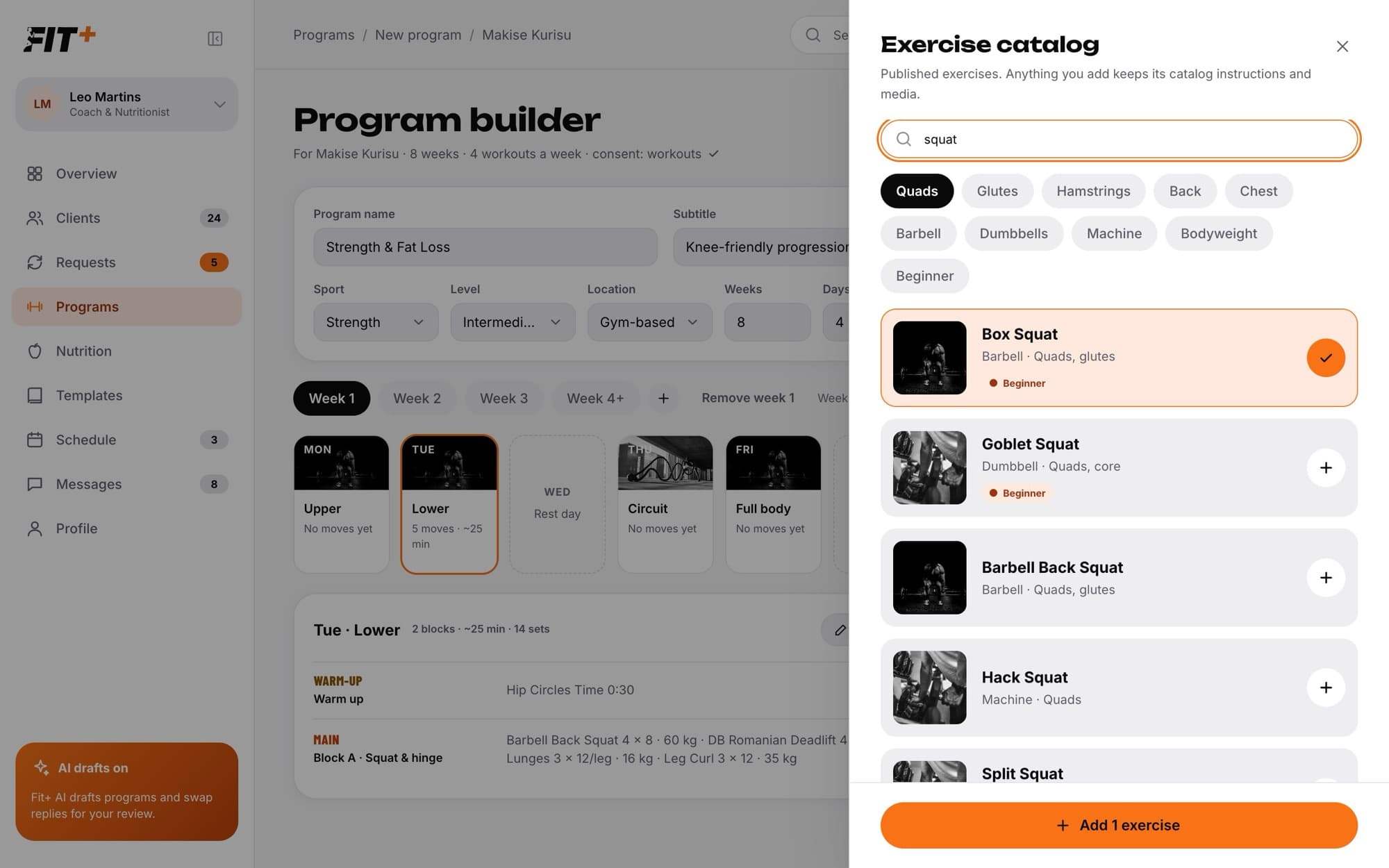 Exercise catalog panel with search, muscle and equipment filters and exercise results