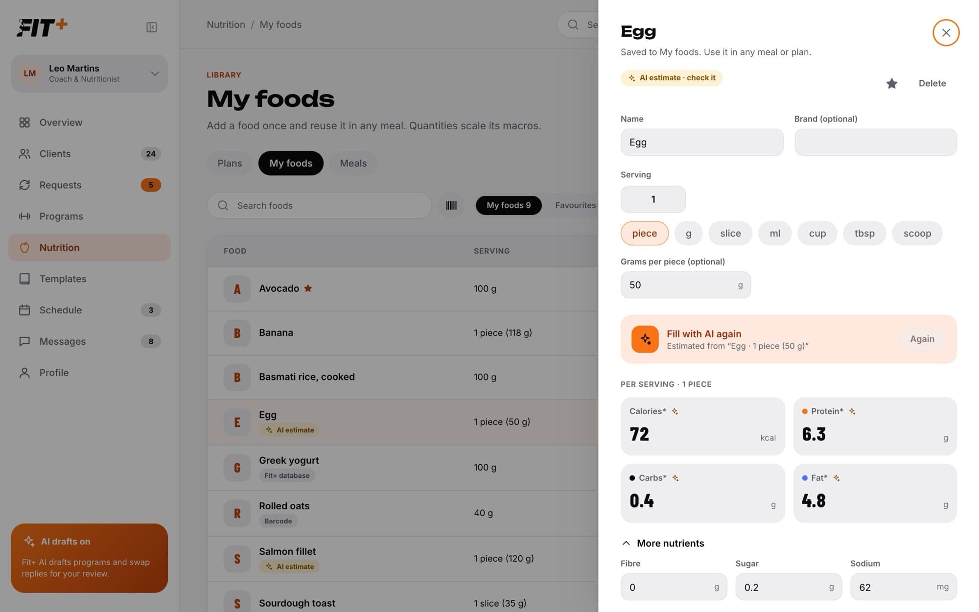 Food form for an egg filled by an AI estimate, with sparkle markers on calories, protein, carbs and fat