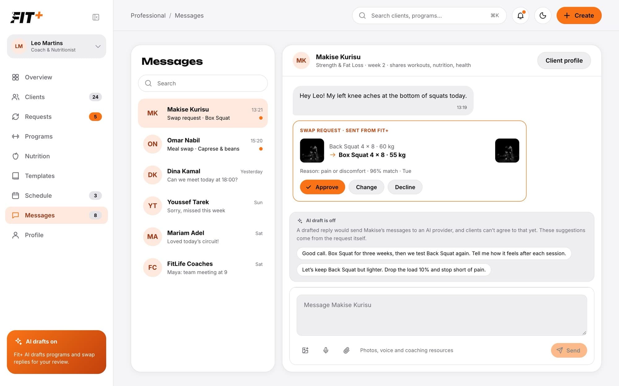 Messages page with conversations on the left and a client chat with a swap request card and suggested replies