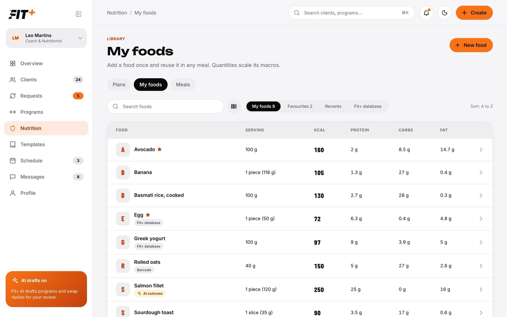 My foods list with serving, calories, protein, carbs and fat for each food