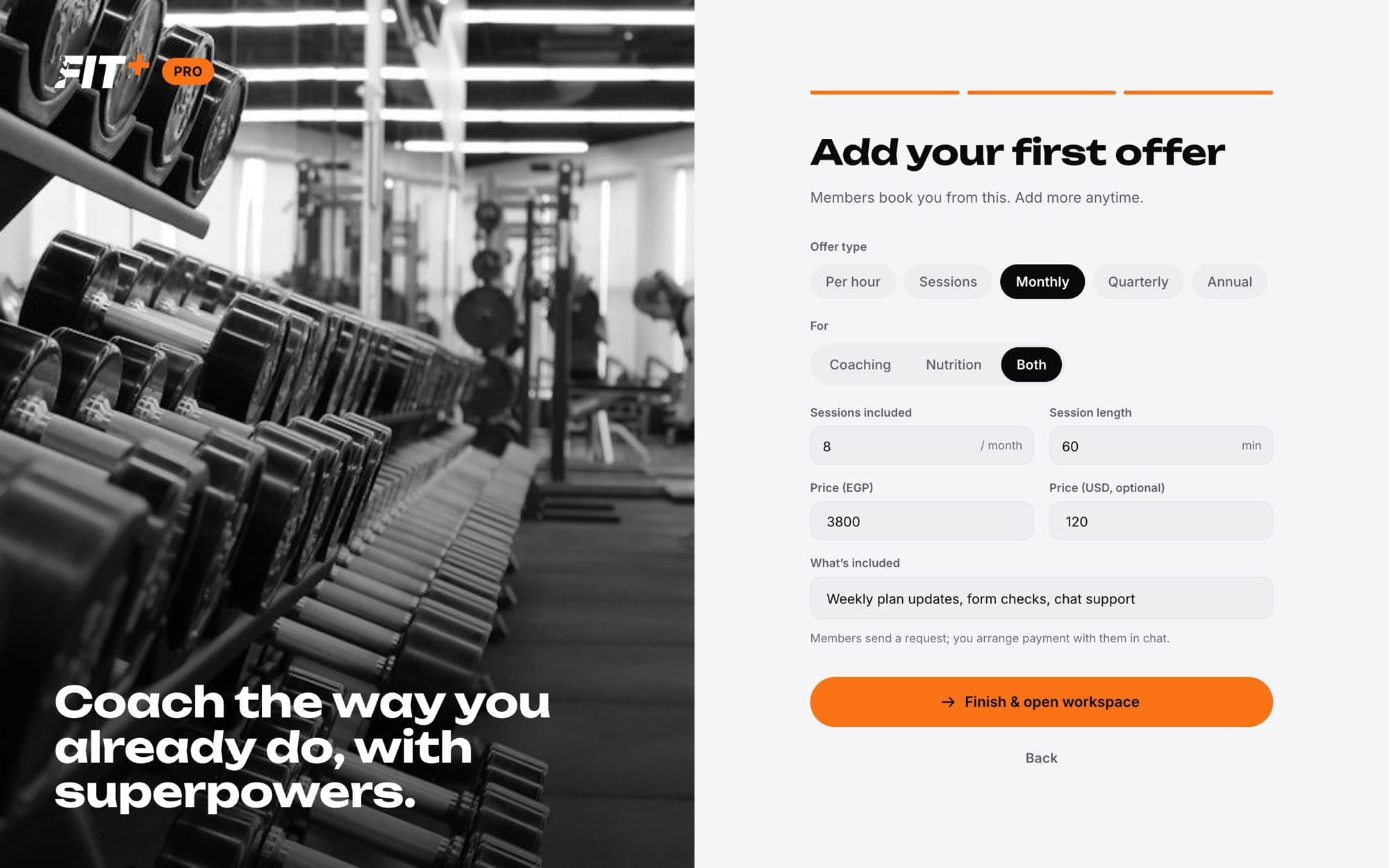 Add your first offer step with offer type, sessions, session length, prices and what's included