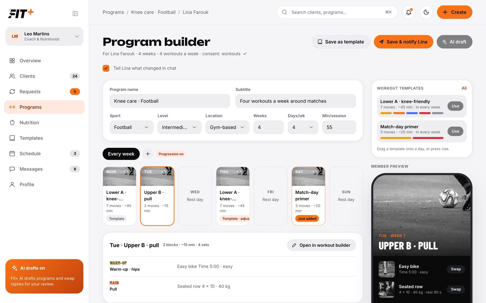 Program builder with day cards showing template, adjusted and just added badges and a workout templates panel