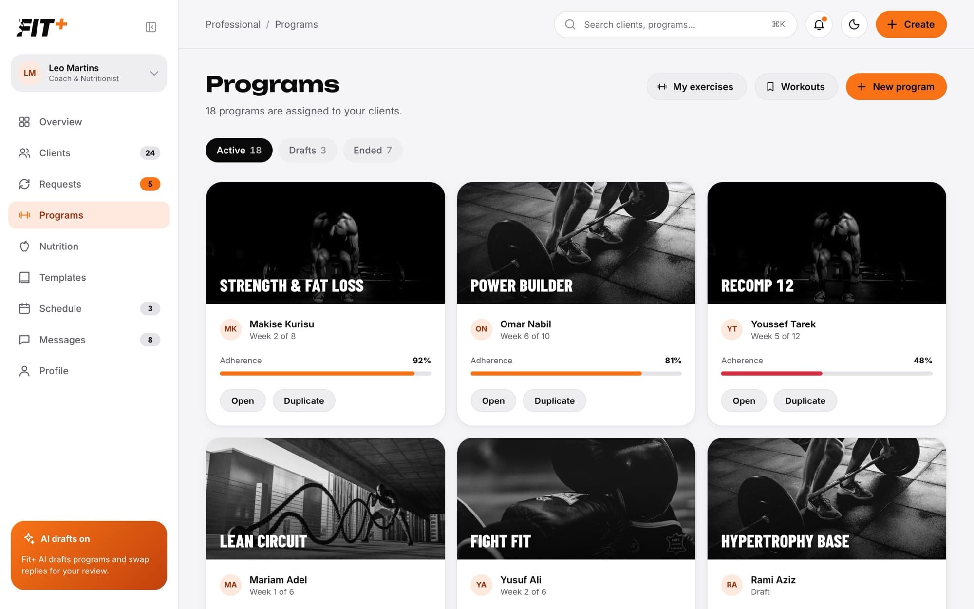 Programs page with Active, Drafts and Ended tabs and program cards showing client, week and adherence