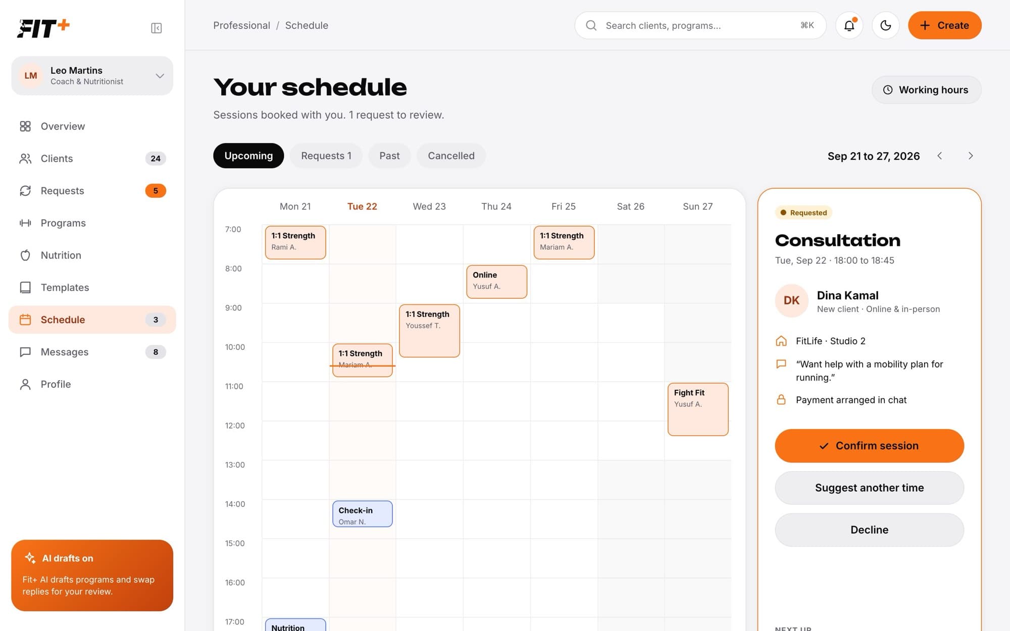 Week calendar with sessions and a side panel showing a requested session with Confirm session, Suggest another time and Decline