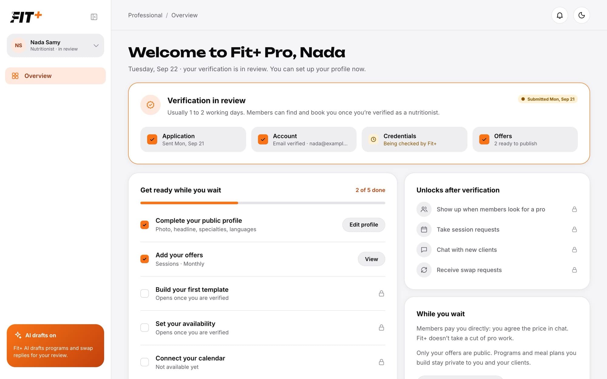 Welcome to Fit+ Pro page with a verification in review banner, status tiles and a setup checklist