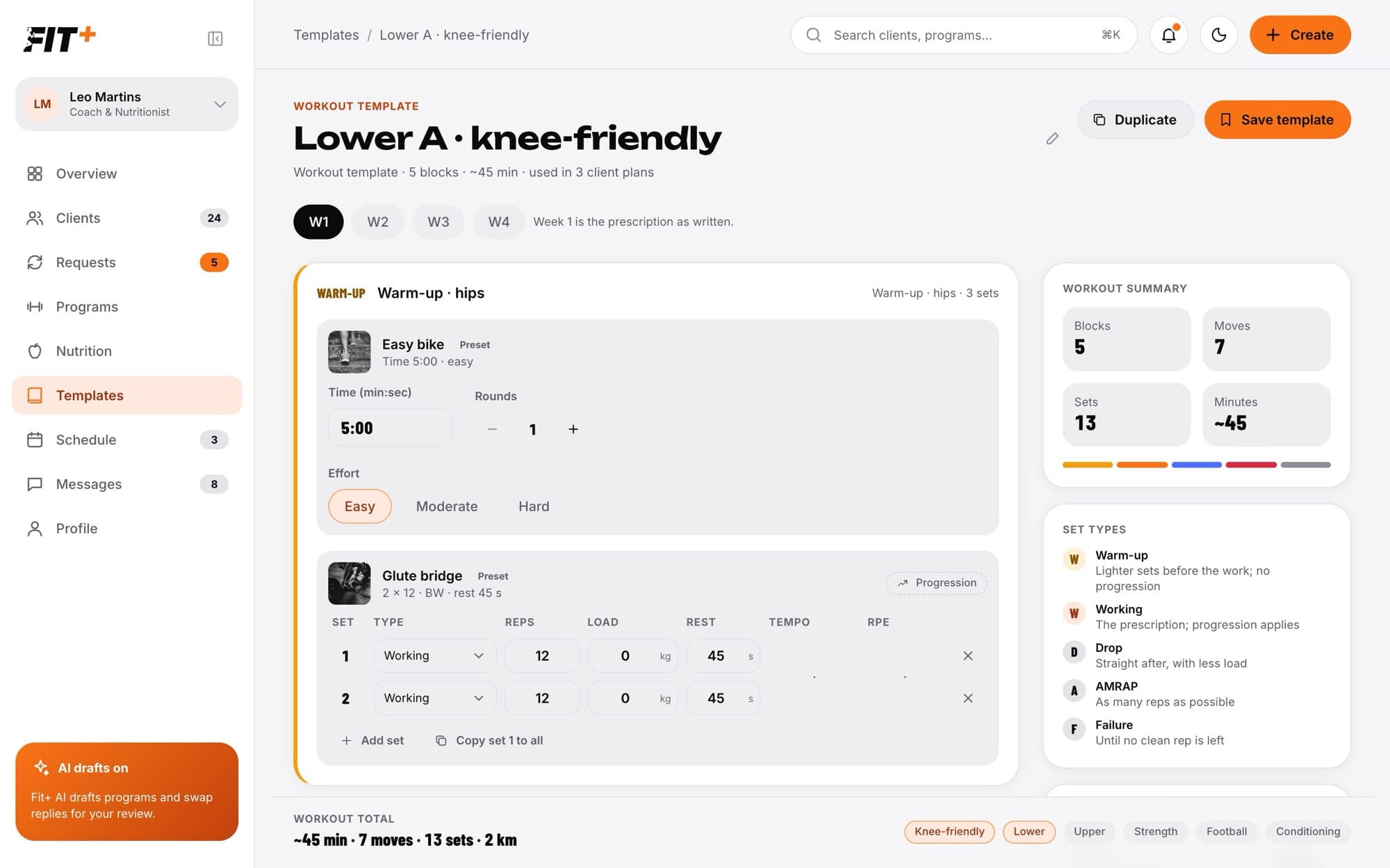 Workout builder with a warm-up block, rows of sets with type, reps, load, rest, tempo and RPE, and a set types legend
