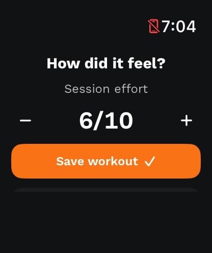 Watch screen asking How did it feel, with a session effort of 6 out of 10 and a Save workout button