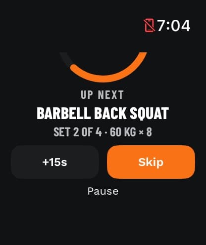 Watch rest screen scrolled to the +15s, Skip and Pause buttons