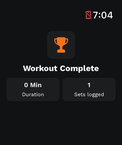 Watch Workout Complete screen with a trophy, the duration and the number of sets logged