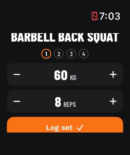 The Fit+ watch app showing Barbell Back Squat with weight, reps and a Log set button