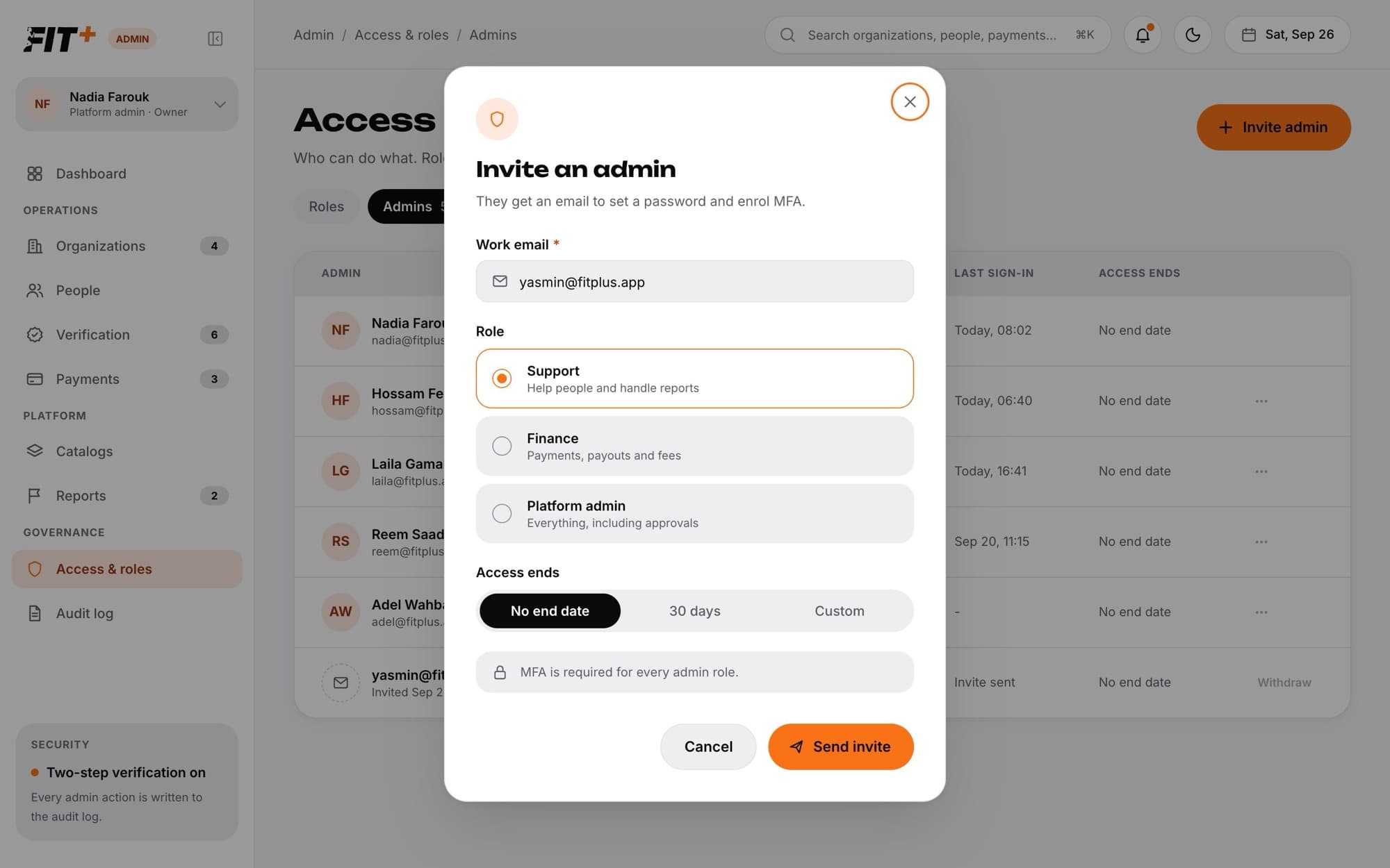Invite an admin dialog with Work email, Role options for Support, Finance and Platform admin, and Access ends options