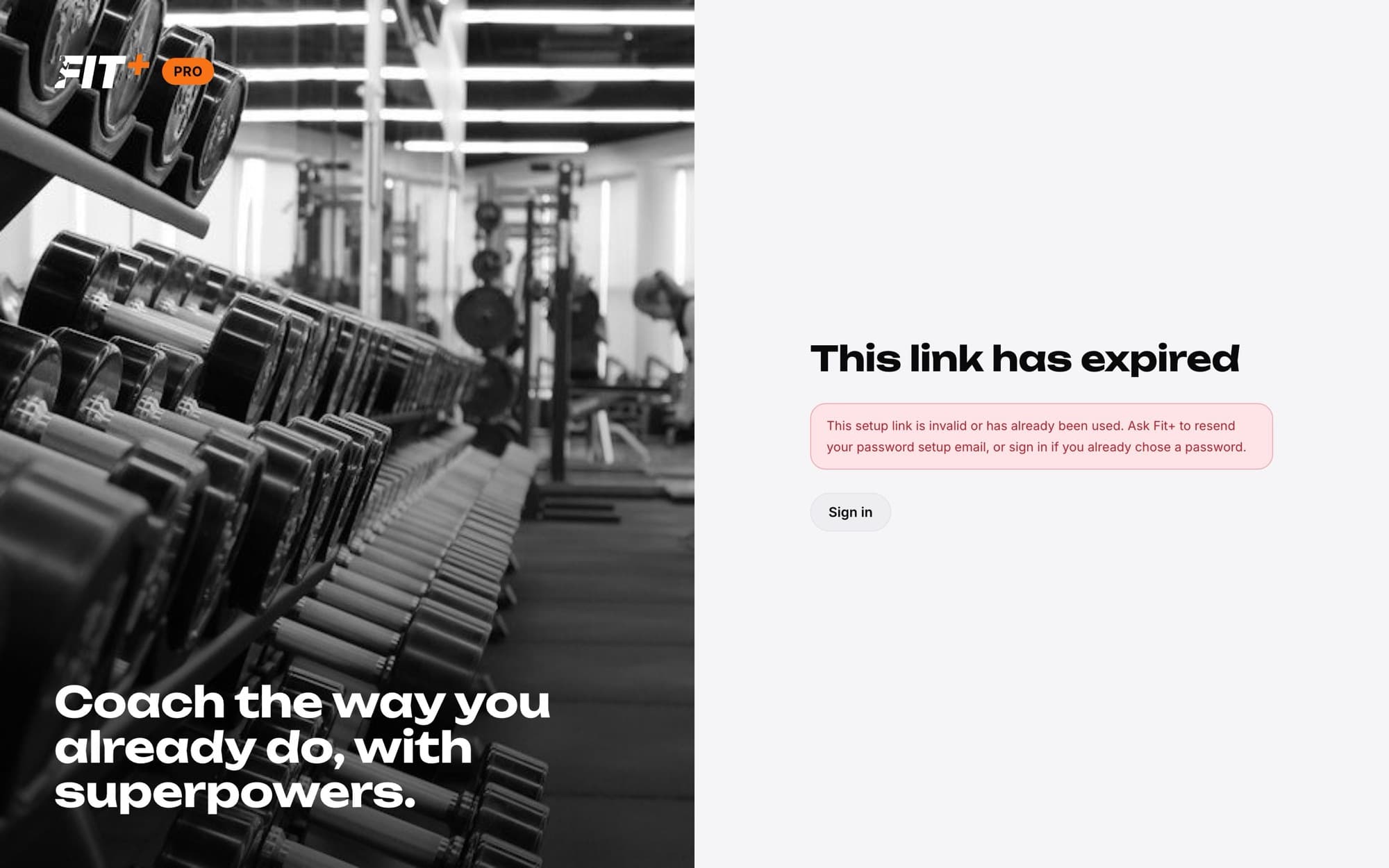 Fit+ Pro page with a gym photo on the left and a This link has expired message on the right