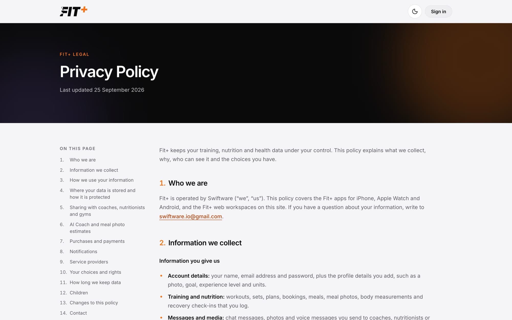The Fit+ Privacy Policy page with a list of sections on the left