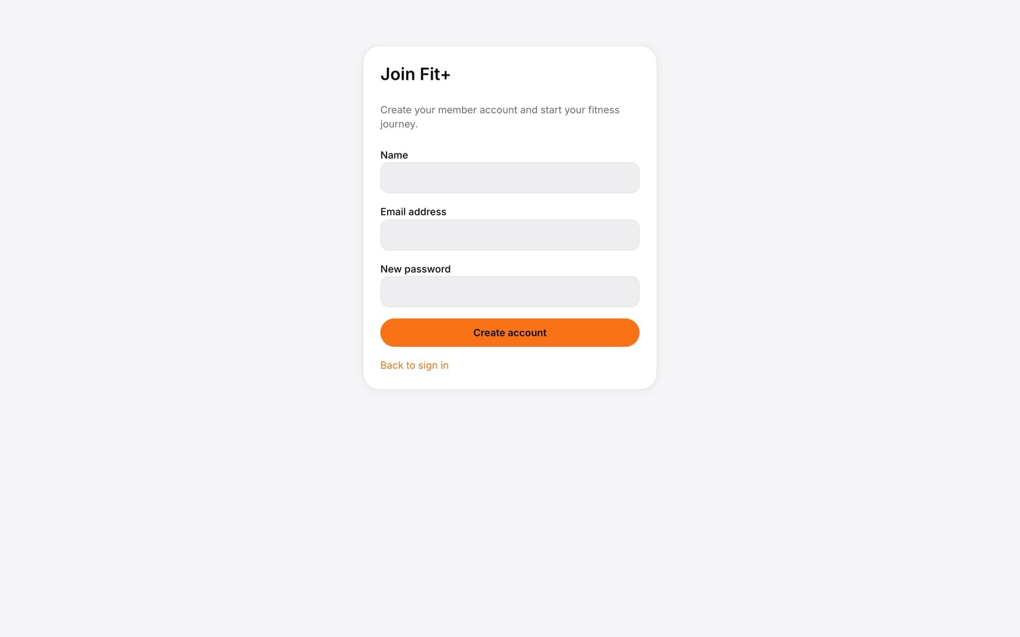 The Join Fit+ card with Name, Email address and New password fields and a Create account button
