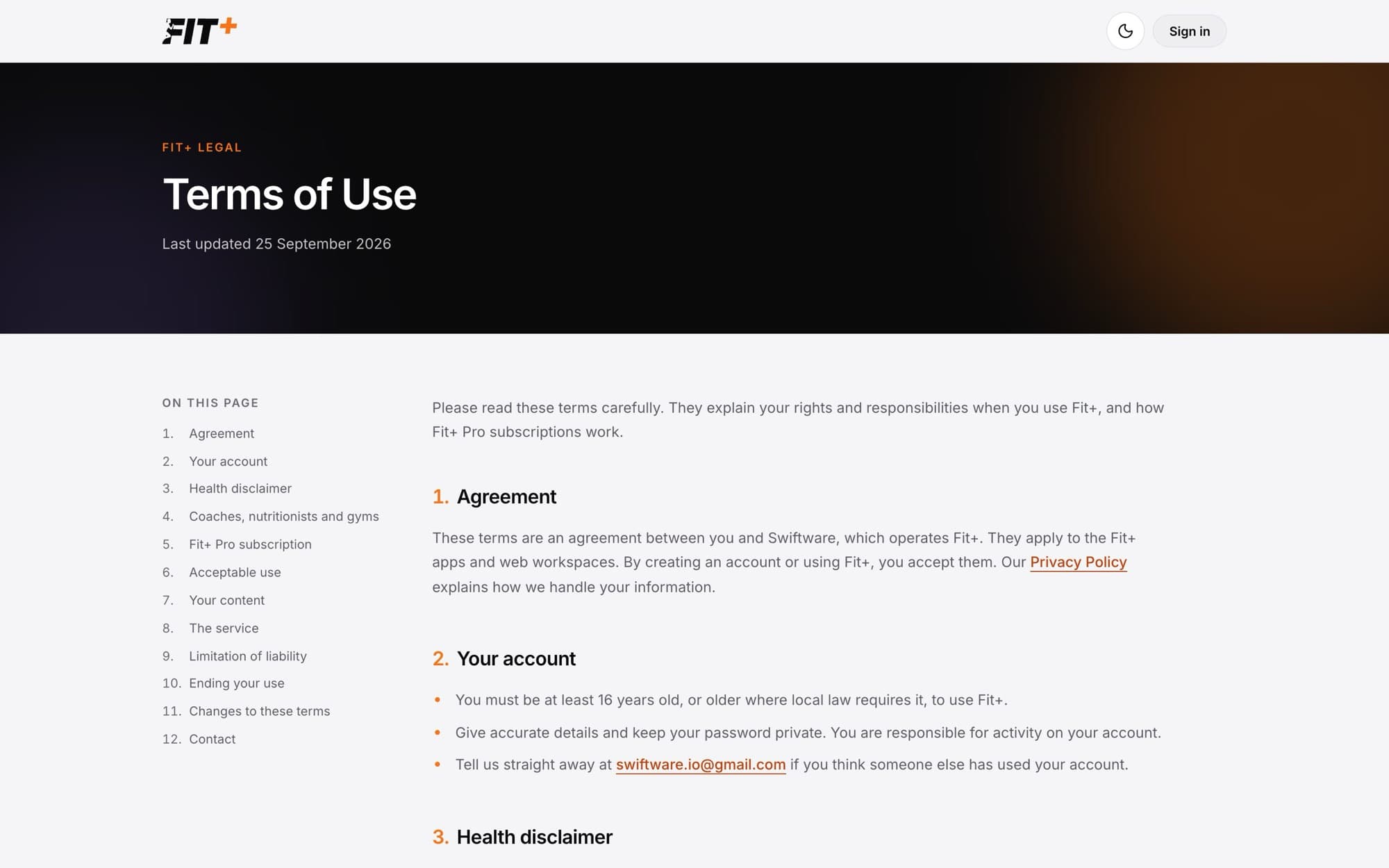 The Fit+ Terms of Use page