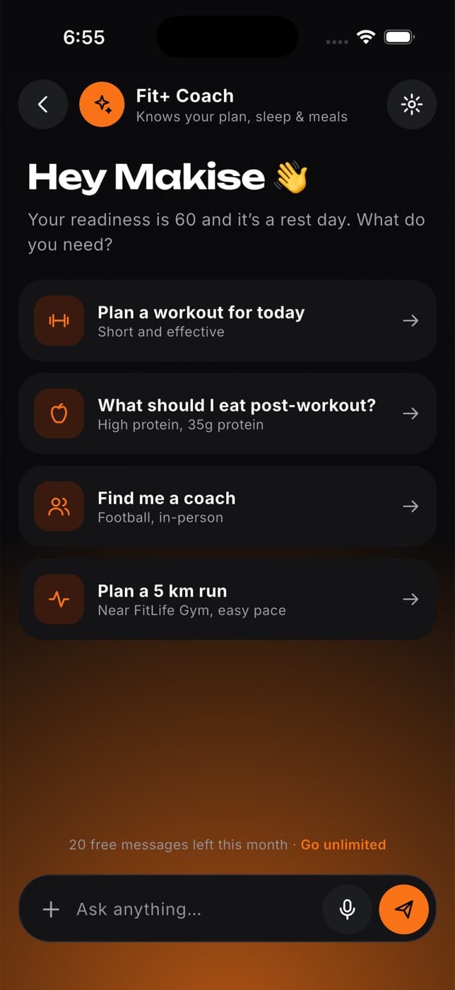 The AI coach in the Fit+ app with suggested questions and a message box