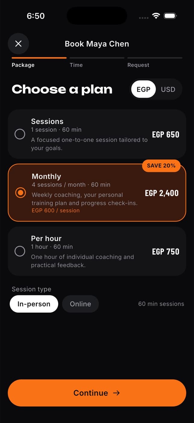 Choose a plan screen with Sessions, Monthly and Per hour packages, an EGP or USD switch and session type chips