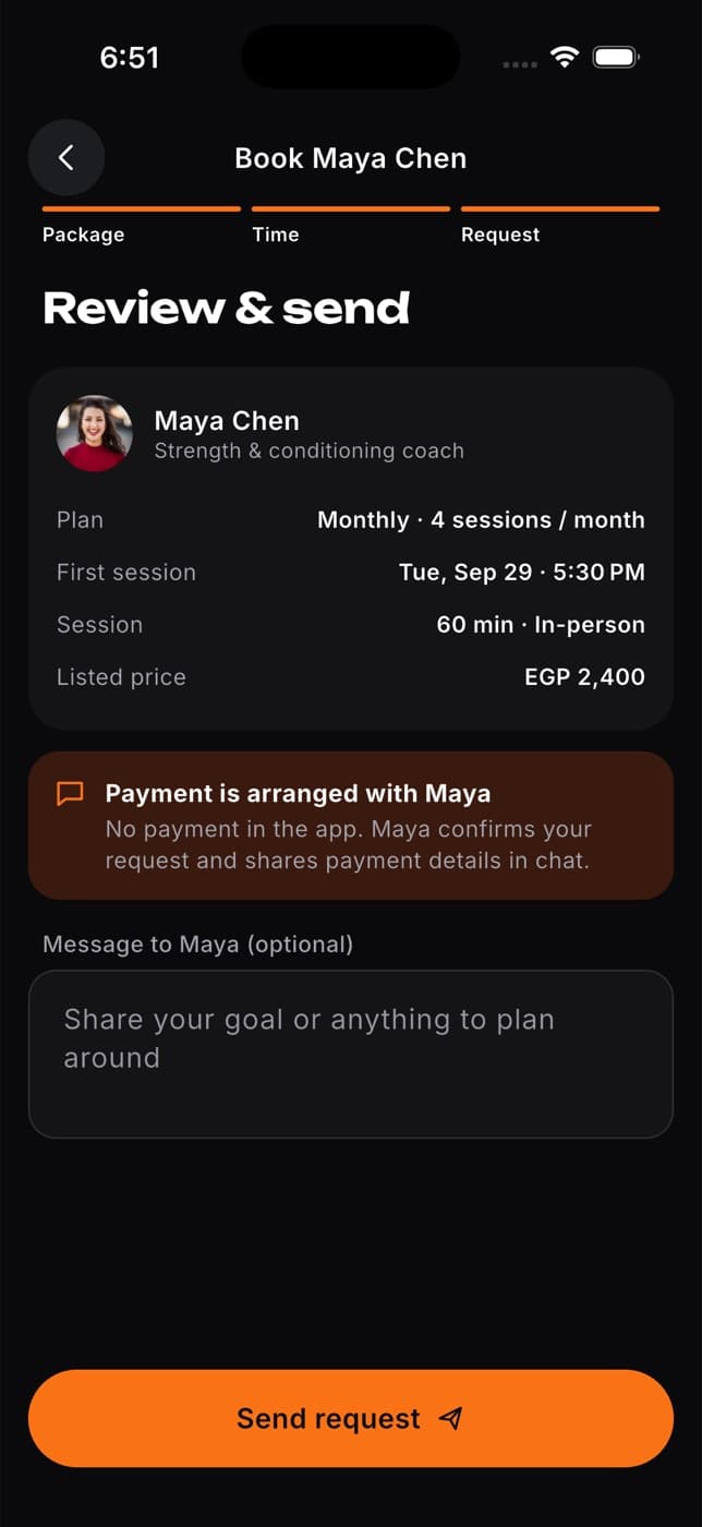 Review and send screen with plan, first session, session length, listed price, a payment notice and an optional message