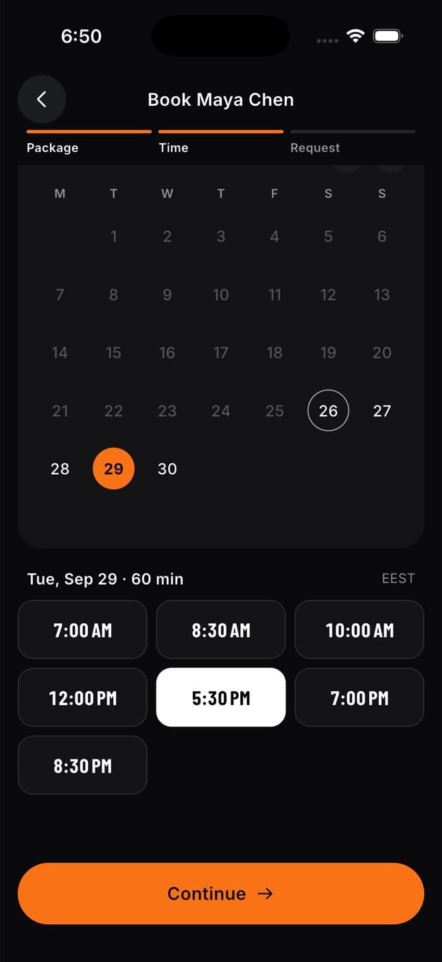 Calendar with available days and a grid of start times