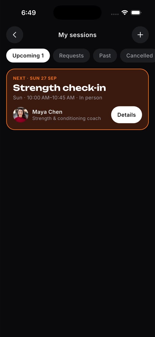 My sessions on the Upcoming tab with the next confirmed session highlighted