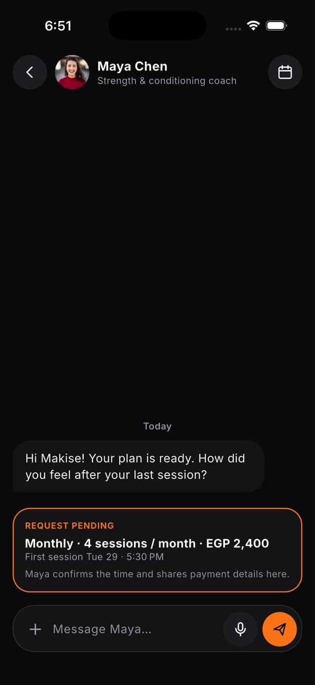 A conversation with a coach in the Fit+ app, with a message and a booking request card