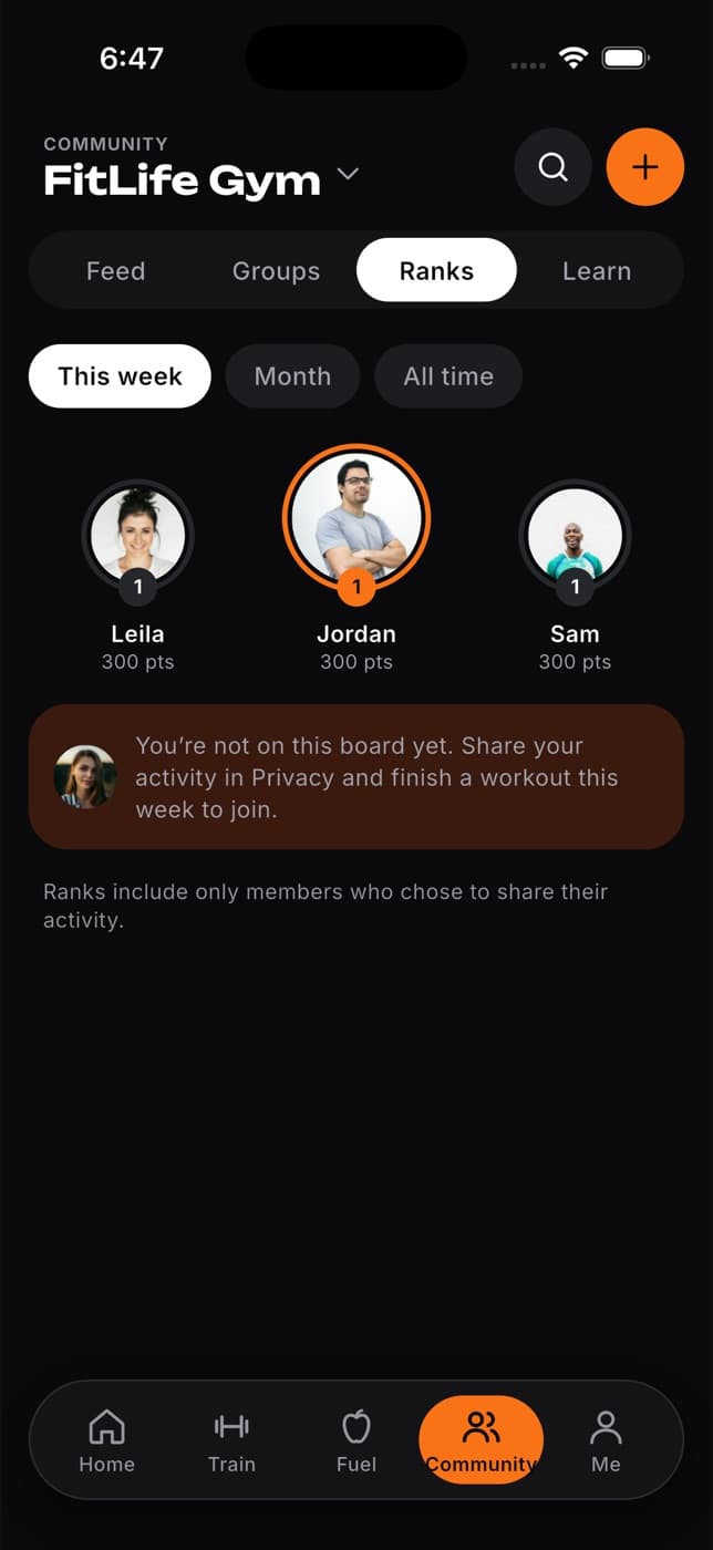 Ranks tab with This week, Month and All time chips, a podium of three members and a note about joining the board