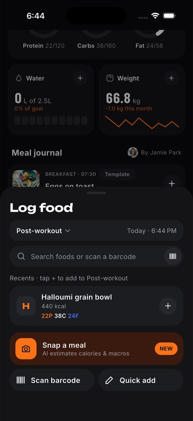 Log food sheet with the meal set to Post-workout, a search field with a barcode button, a recent food, Snap a meal, Scan barcode and Quick add