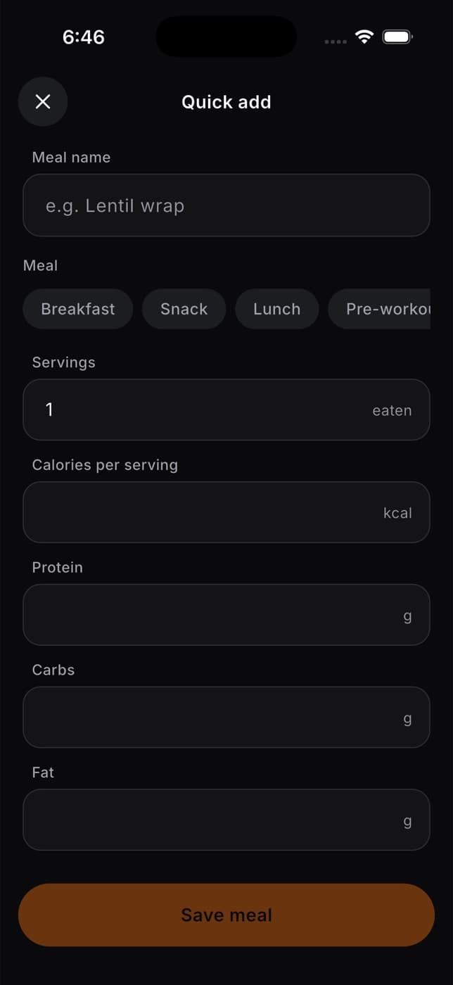 Quick add form with meal name, meal chips, servings, calories and protein, carbs and fat fields