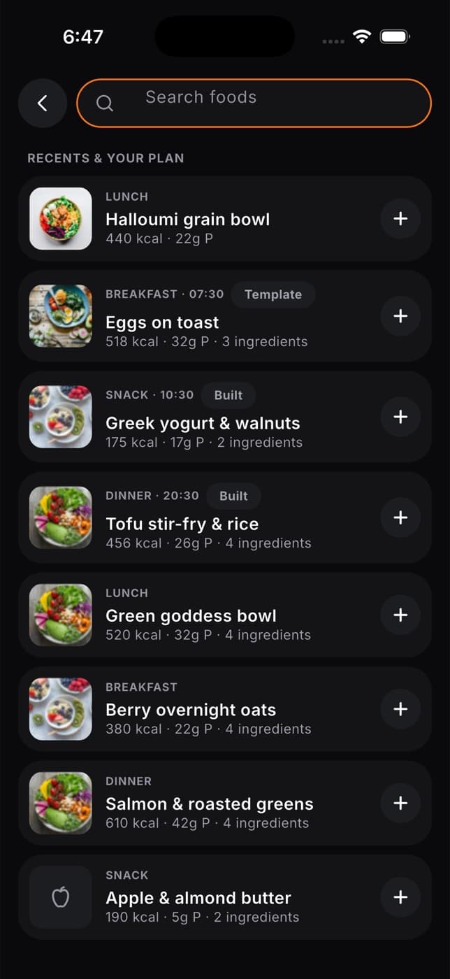Search foods screen listing recent foods and plan meals
